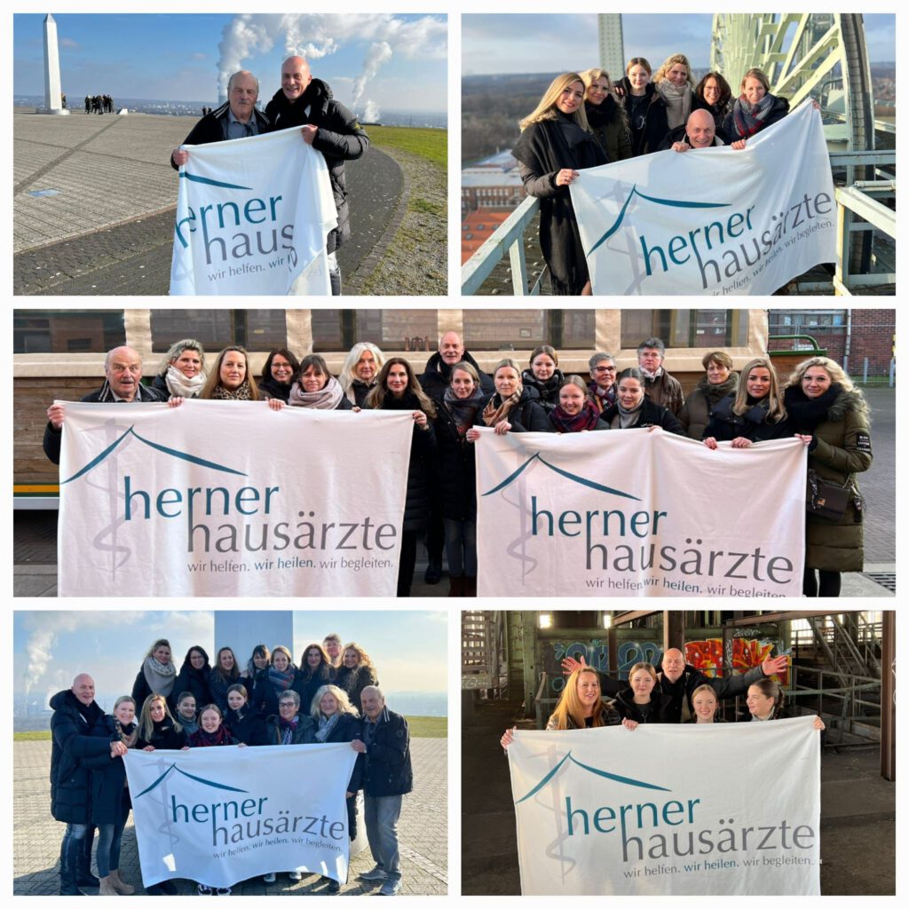 Fünf verschiedene Aufnahmen des Praxisteams an unterschiedlichen Orten, wie es ein großes Banner mit dem Logo "Herner Hausärzte" hochhält.
